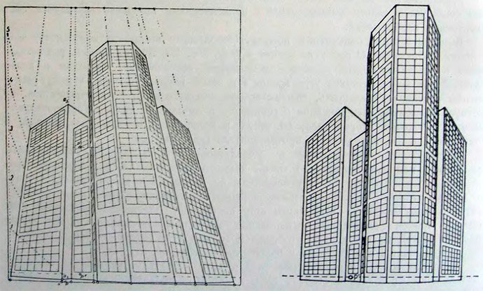 Перспектива здания на наклонной плоскости по схеме А. П. Барышникова